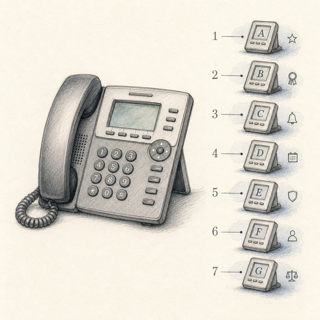 a front-desk phone with seven small vendor icons ranked in a numbered column beside it, clean editorial style